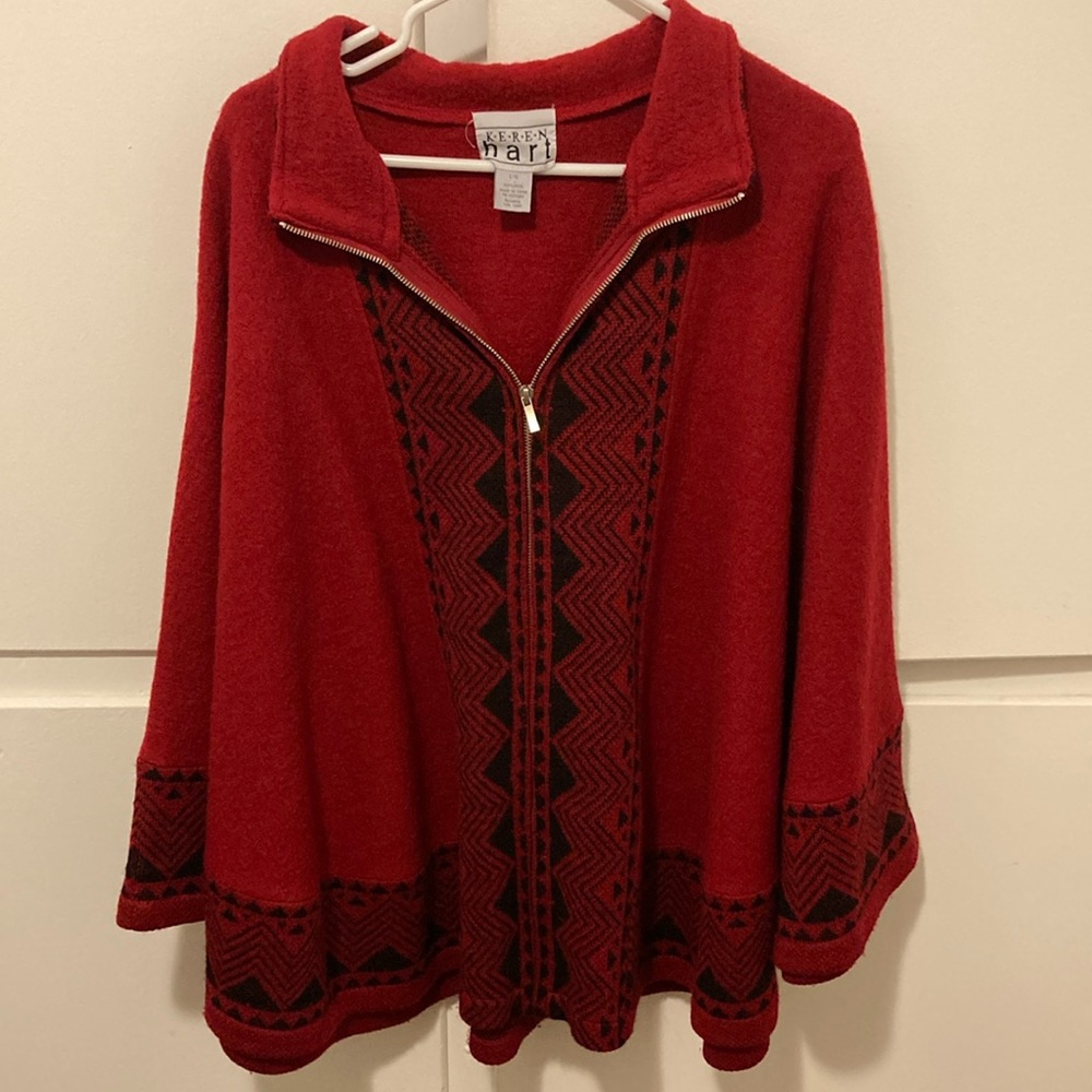 Keren Hart L/XL 100% Wool Sweater Cardigan Poncho Red Black